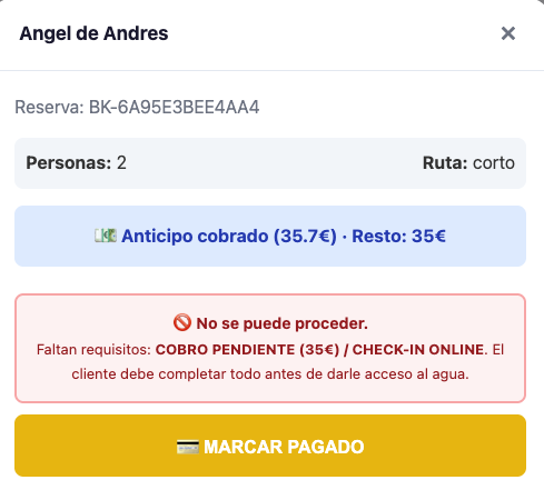 Bloqueo de acceso al agua por cobro o checkin pendiente