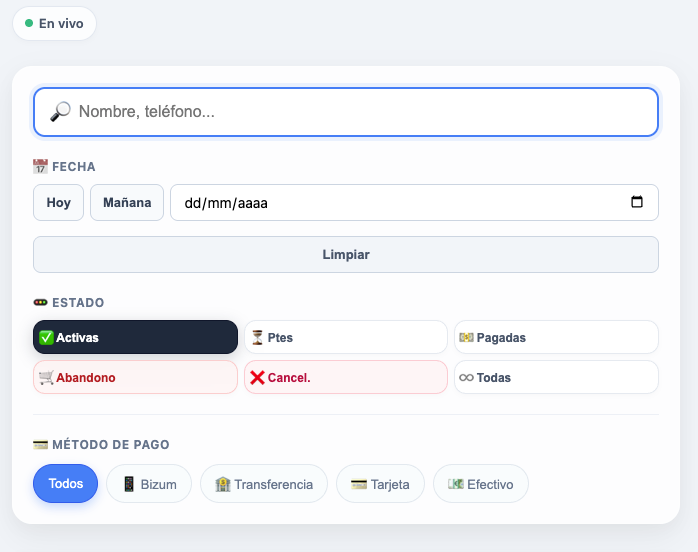 Buscador en vivo con filtros rápidos de estado y pasarelas